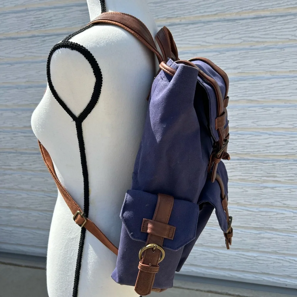 Rutland Navy and Brown Canvas Backpack EUC